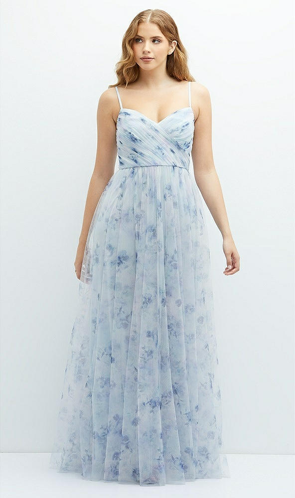 Front View - Mist Garden Floral Ruched Wrap Bodice Tulle Dress with Long Full Skirt