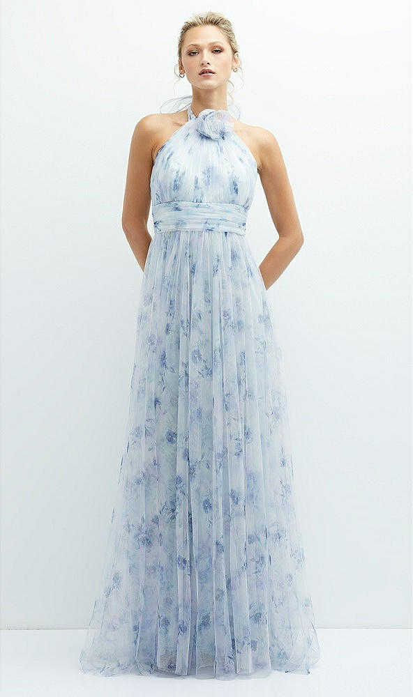 Front View - Mist Garden Floral Tie-Back Halter Tulle Dress with Long Full Skirt & Rosette Detail