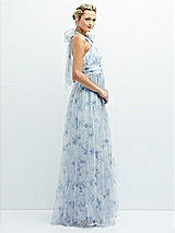 Side View Thumbnail - Mist Garden Floral Tie-Back Halter Tulle Dress with Long Full Skirt & Rosette Detail