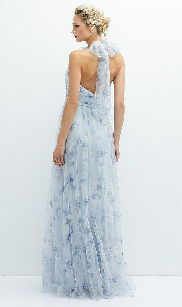 Back View - Mist Garden Floral Tie-Back Halter Tulle Dress with Long Full Skirt & Rosette Detail