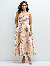 Front View Thumbnail - Butterfly Botanica Pink Sand Draped Bodice Strapless Floral Midi Dress with Full Circle Skirt