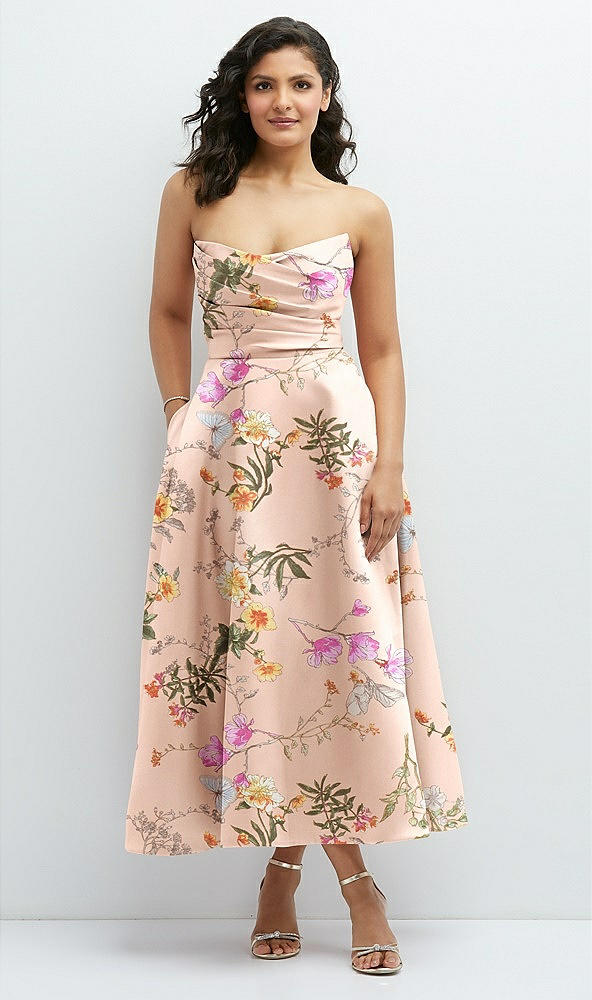 Front View - Butterfly Botanica Pink Sand Draped Bodice Strapless Floral Midi Dress with Full Circle Skirt