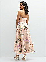 Rear View Thumbnail - Butterfly Botanica Pink Sand Draped Bodice Strapless Floral Midi Dress with Full Circle Skirt