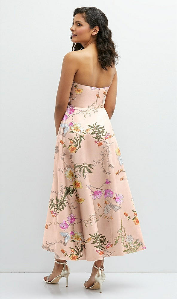 Back View - Butterfly Botanica Pink Sand Draped Bodice Strapless Floral Midi Dress with Full Circle Skirt
