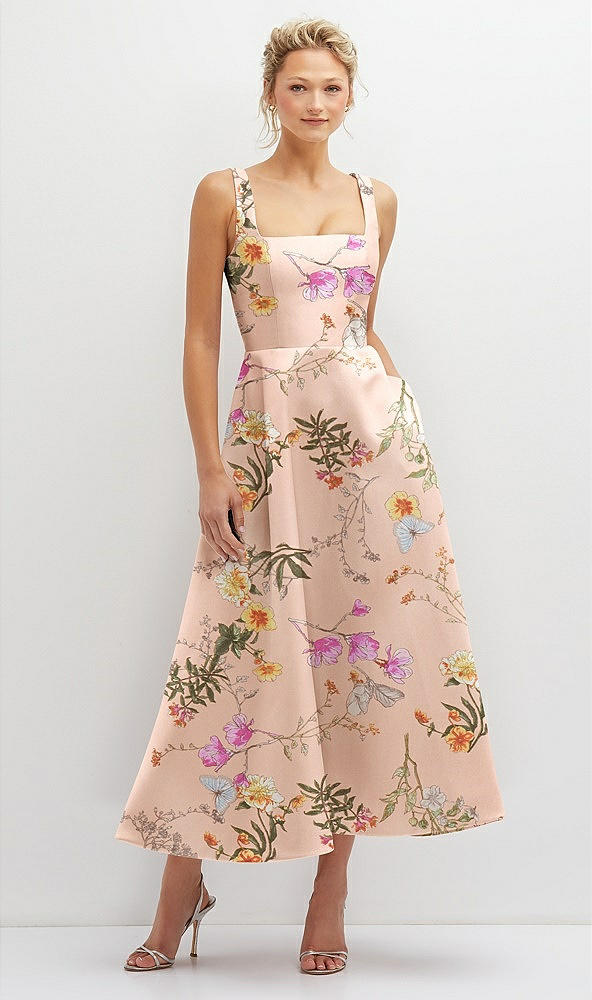 Front View - Butterfly Botanica Pink Sand Floral Square Neck Satin Midi Dress with Full Skirt & Pockets