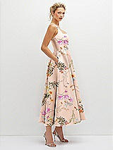 Side View Thumbnail - Butterfly Botanica Pink Sand Floral Square Neck Satin Midi Dress with Full Skirt & Pockets