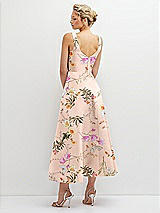 Rear View Thumbnail - Butterfly Botanica Pink Sand Floral Square Neck Satin Midi Dress with Full Skirt & Pockets