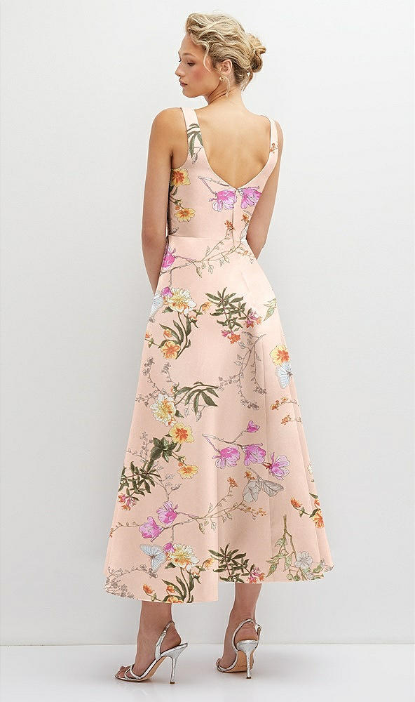 Back View - Butterfly Botanica Pink Sand Floral Square Neck Satin Midi Dress with Full Skirt & Pockets