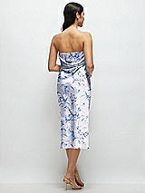 Rear View Thumbnail - Magnolia Sky Floral Strapless Midi Bias Column Dress with Peek-a-Boo Corset Back