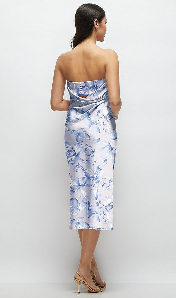 Back View - Magnolia Sky Floral Strapless Midi Bias Column Dress with Peek-a-Boo Corset Back