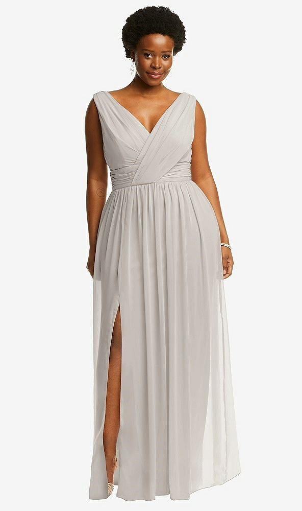 Front View - Oyster Sleeveless Draped Chiffon Maxi Dress with Front Slit