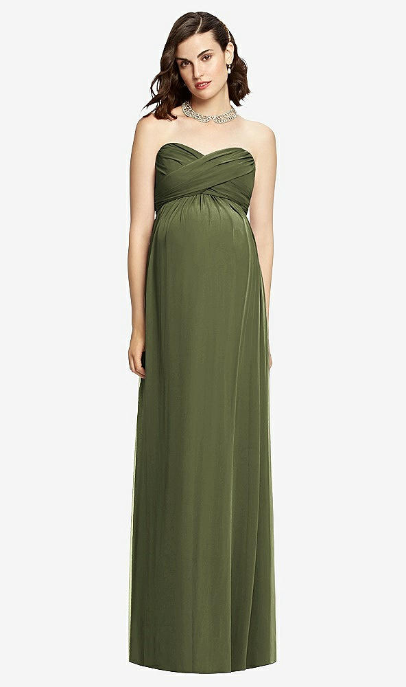 Front View - Olive Green Draped Bodice Strapless Maternity Dress