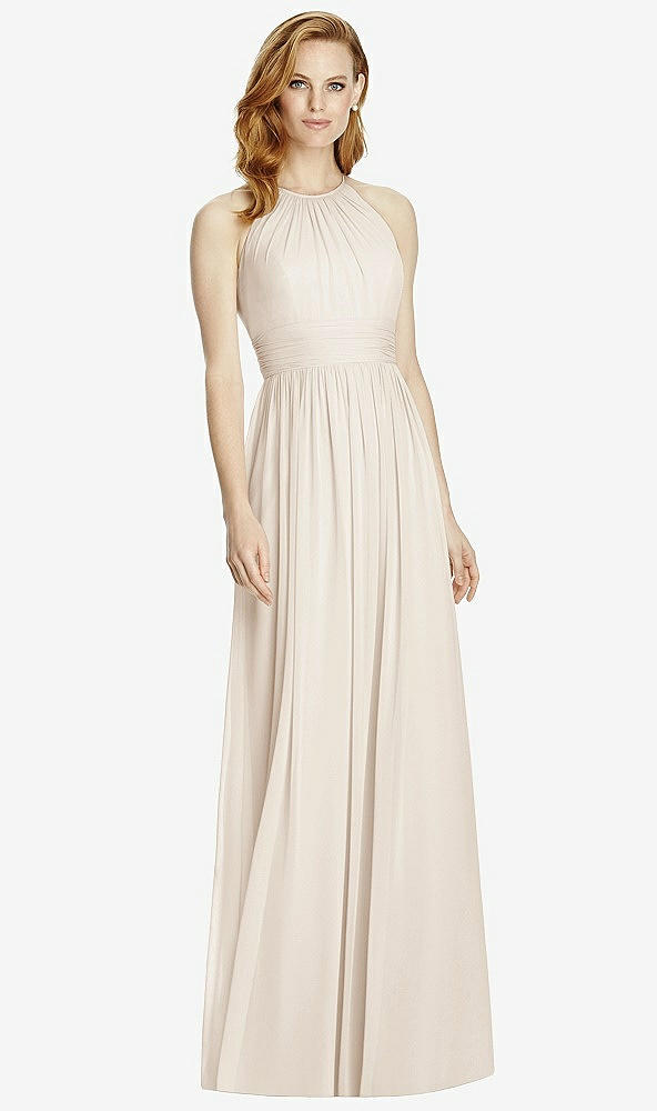 Front View - Oat Cutout Open-Back Shirred Halter Maxi Dress