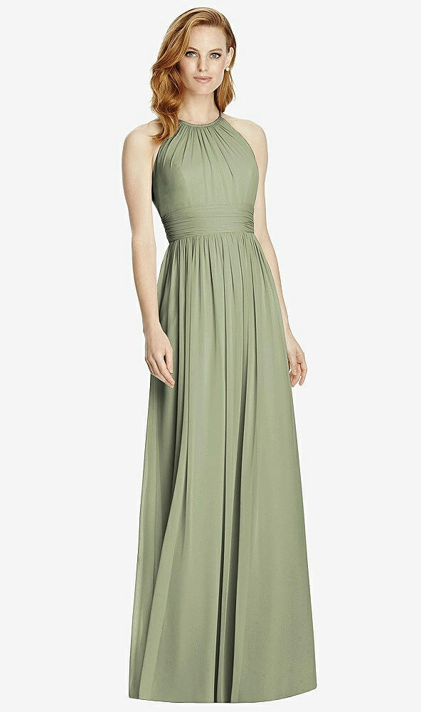 Front View - Sage Cutout Open-Back Shirred Halter Maxi Dress