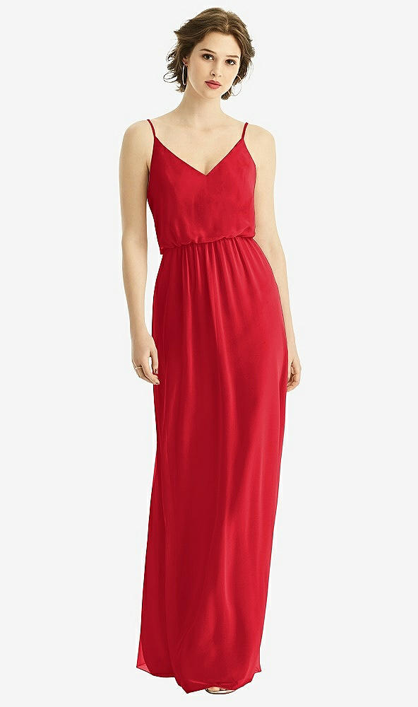 Front View - Parisian Red V-Neck Blouson Bodice Chiffon Maxi Dress