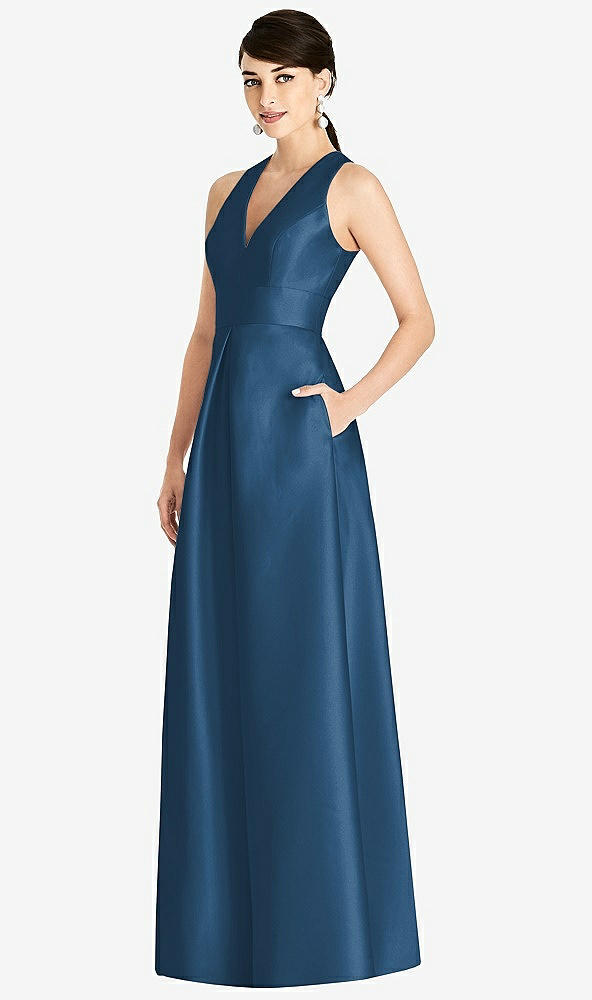 Front View - Dusk Blue Sleeveless Open-Back Pleated Skirt Dress with Pockets