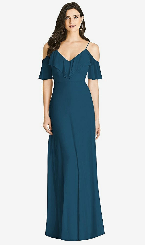 Front View - Atlantic Blue Ruffled Cold-Shoulder Chiffon Maxi Dress