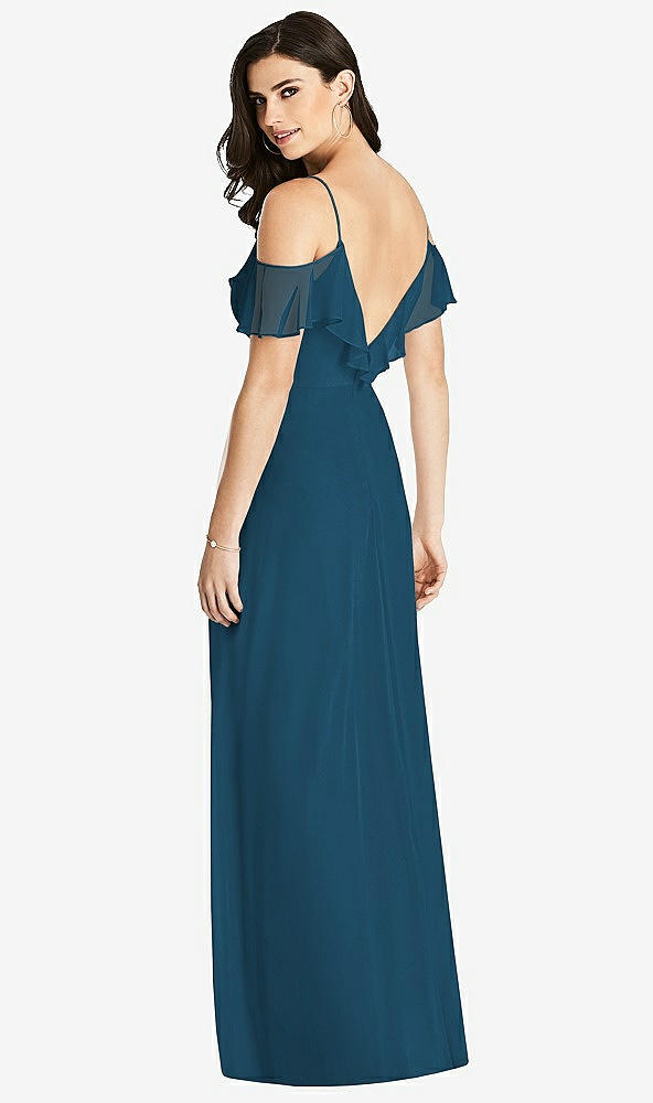 Back View - Atlantic Blue Ruffled Cold-Shoulder Chiffon Maxi Dress