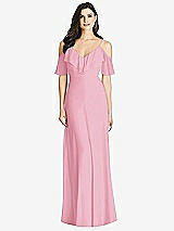 Front View Thumbnail - Peony Pink Ruffled Cold-Shoulder Chiffon Maxi Dress