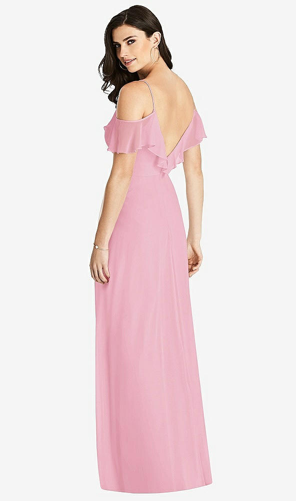 Back View - Peony Pink Ruffled Cold-Shoulder Chiffon Maxi Dress