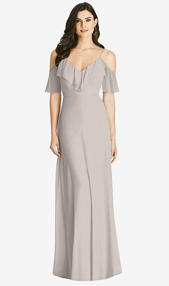 Front View - Taupe Ruffled Cold-Shoulder Chiffon Maxi Dress