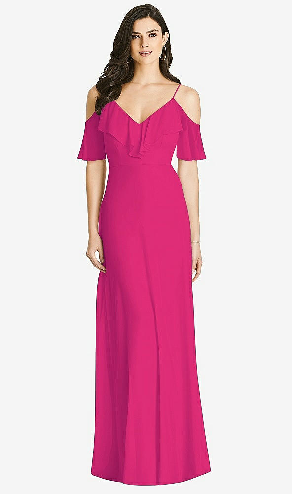 Front View - Think Pink Ruffled Cold-Shoulder Chiffon Maxi Dress