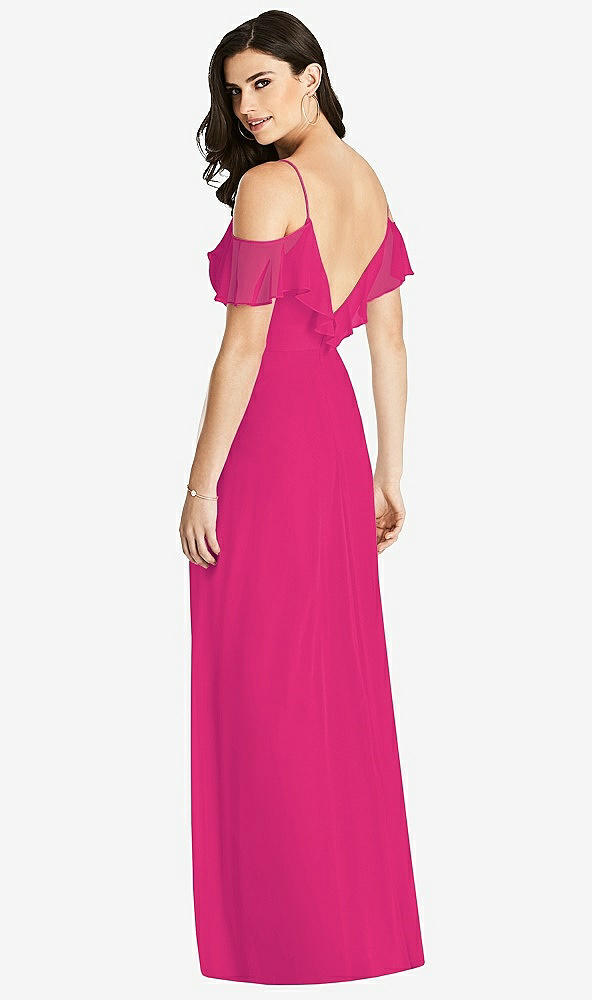 Back View - Think Pink Ruffled Cold-Shoulder Chiffon Maxi Dress