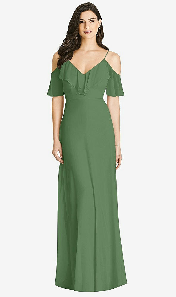 Front View - Vineyard Green Ruffled Cold-Shoulder Chiffon Maxi Dress