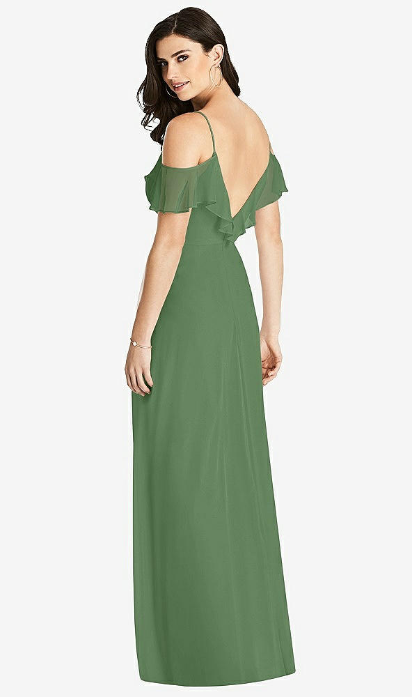 Back View - Vineyard Green Ruffled Cold-Shoulder Chiffon Maxi Dress