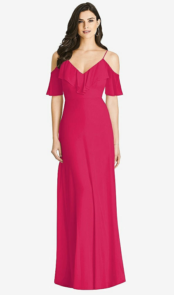 Front View - Vivid Pink Ruffled Cold-Shoulder Chiffon Maxi Dress