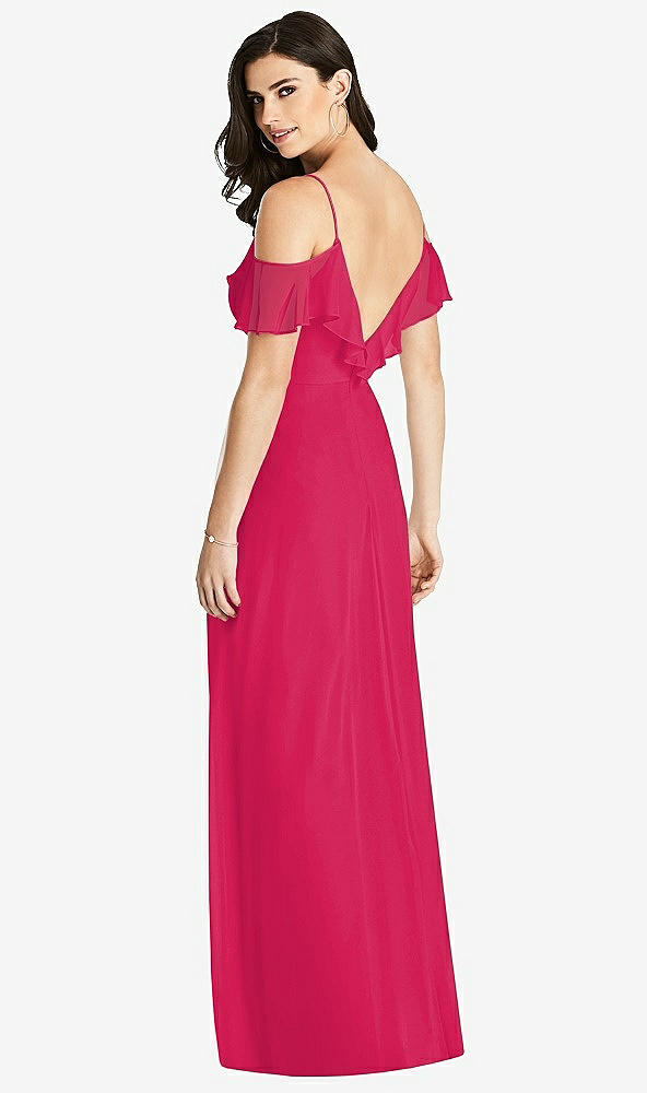 Back View - Vivid Pink Ruffled Cold-Shoulder Chiffon Maxi Dress