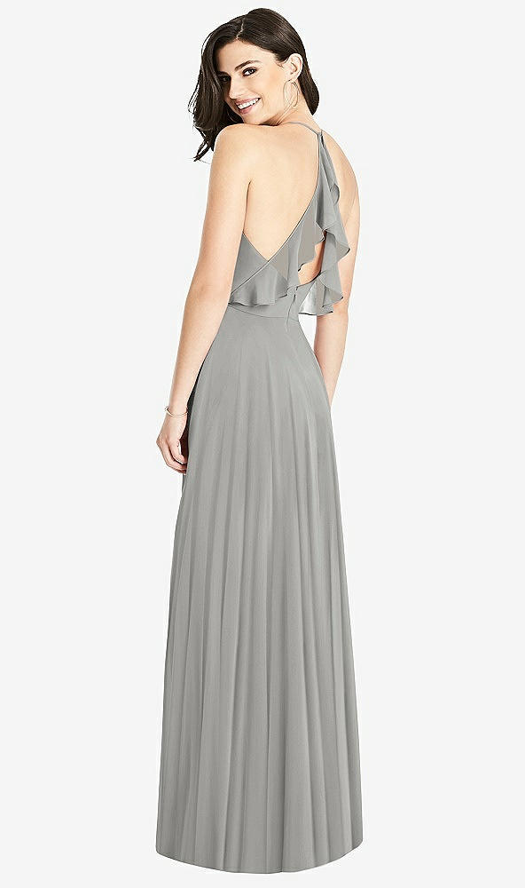 Front View - Chelsea Gray Ruffled Strap Cutout Wrap Maxi Dress