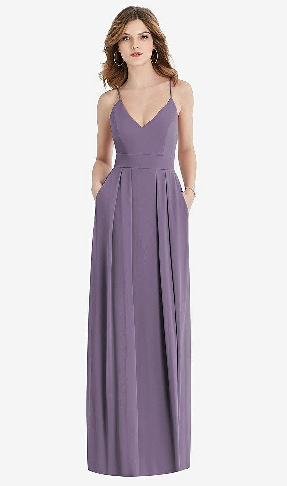 Front View - Lavender Pleated Skirt Crepe Maxi Dress with Pockets