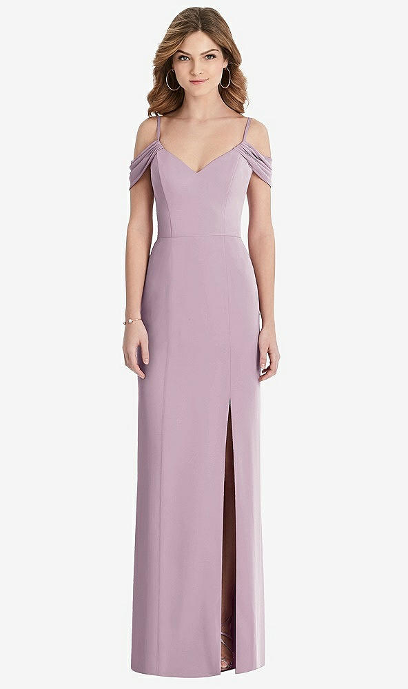 Front View - Suede Rose Off-the-Shoulder Chiffon Trumpet Gown with Front Slit