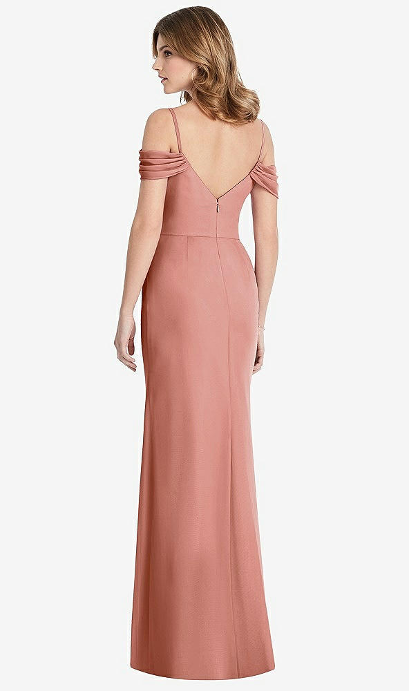 Back View - Desert Rose Off-the-Shoulder Chiffon Trumpet Gown with Front Slit