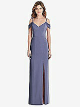 Front View Thumbnail - French Blue Off-the-Shoulder Chiffon Trumpet Gown with Front Slit