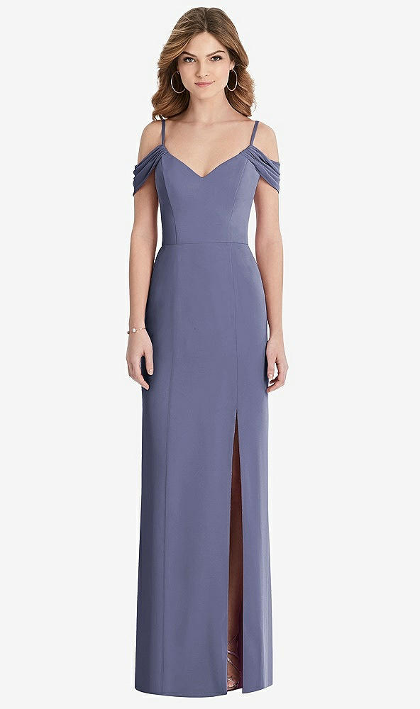 Front View - French Blue Off-the-Shoulder Chiffon Trumpet Gown with Front Slit