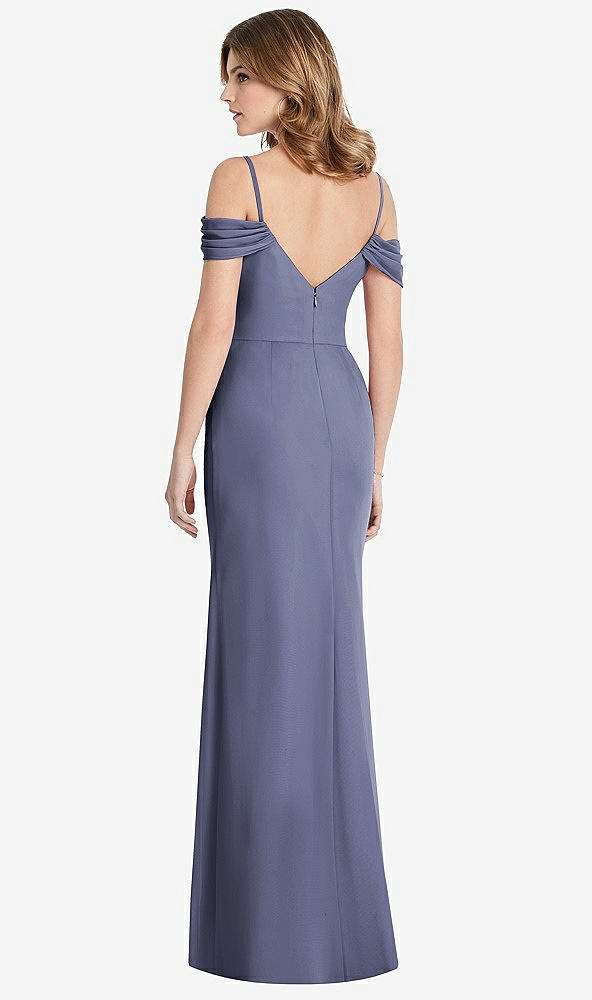 Back View - French Blue Off-the-Shoulder Chiffon Trumpet Gown with Front Slit