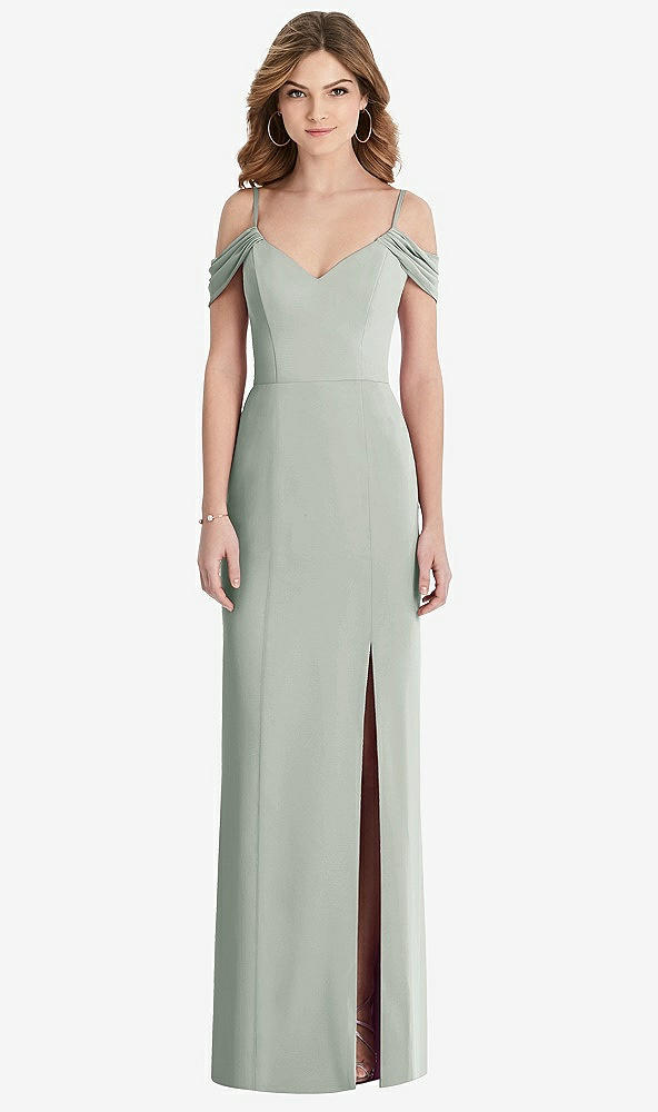 Front View - Willow Green Off-the-Shoulder Chiffon Trumpet Gown with Front Slit