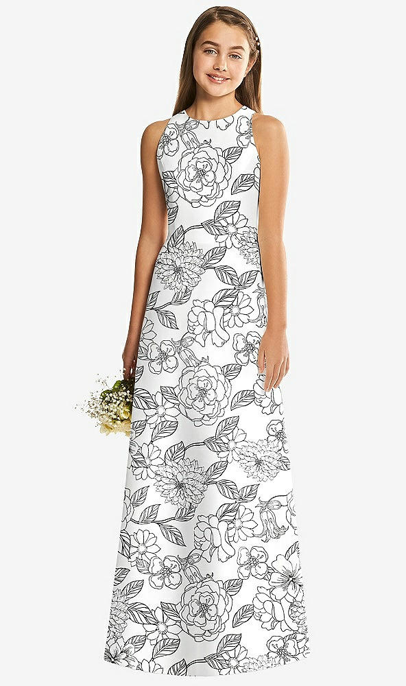 Front View - Botanica Floral Sleeveless Open-Back Satin Junior Bridesmaid Dress