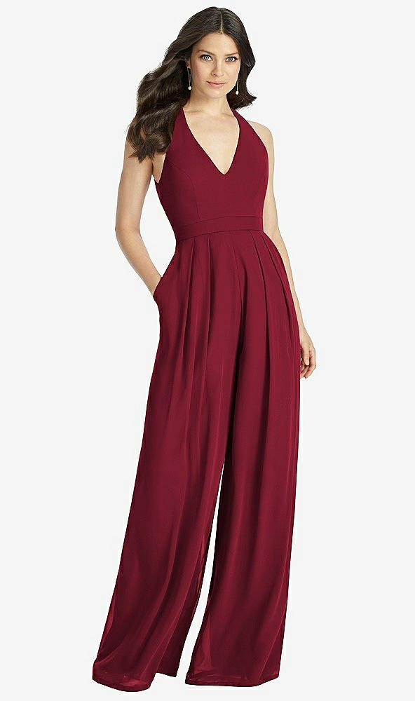 Front View - Burgundy V-Neck Backless Pleated Front Jumpsuit