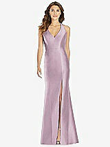 Front View Thumbnail - Suede Rose V-Neck Halter Satin Trumpet Gown