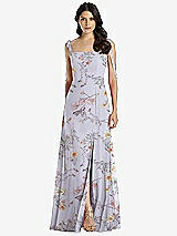 Front View Thumbnail - Butterfly Botanica Silver Dove Tie-Shoulder Chiffon Maxi Dress with Front Slit
