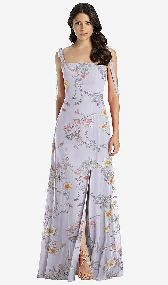 Front View - Butterfly Botanica Silver Dove Tie-Shoulder Chiffon Maxi Dress with Front Slit