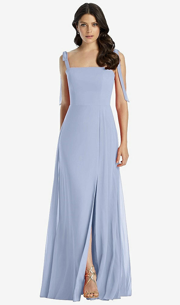 Front View - Sky Blue Tie-Shoulder Chiffon Maxi Dress with Front Slit