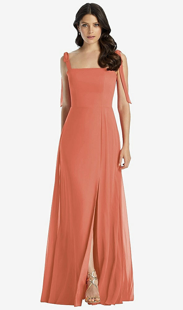 Front View - Terracotta Copper Tie-Shoulder Chiffon Maxi Dress with Front Slit