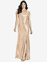 Rear View Thumbnail - Rose Gold Cap Sleeve Cowl-Back Sequin Gown with Front Slit