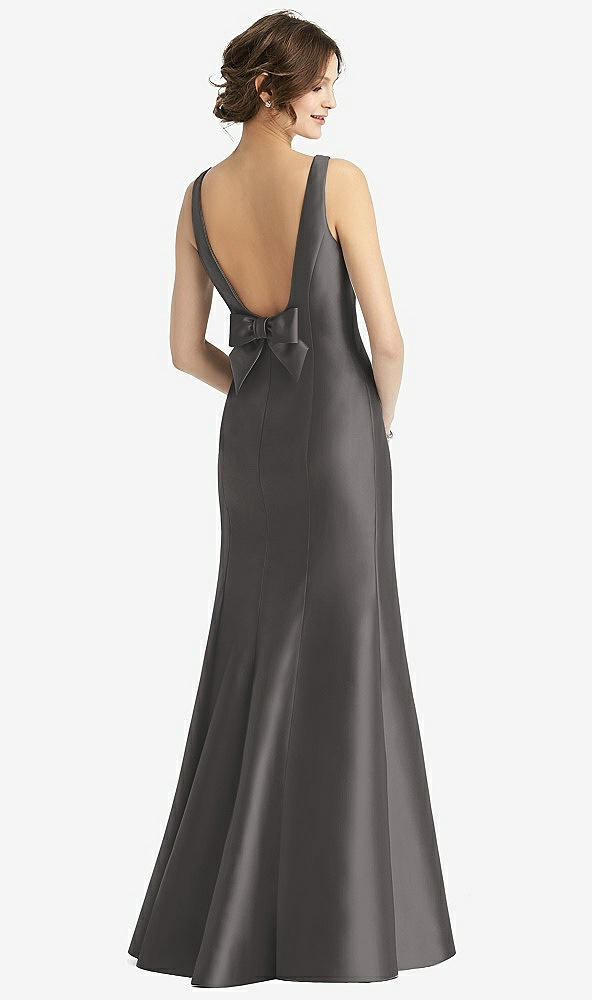 Back View - Caviar Gray Sleeveless Satin Trumpet Gown with Bow at Open-Back