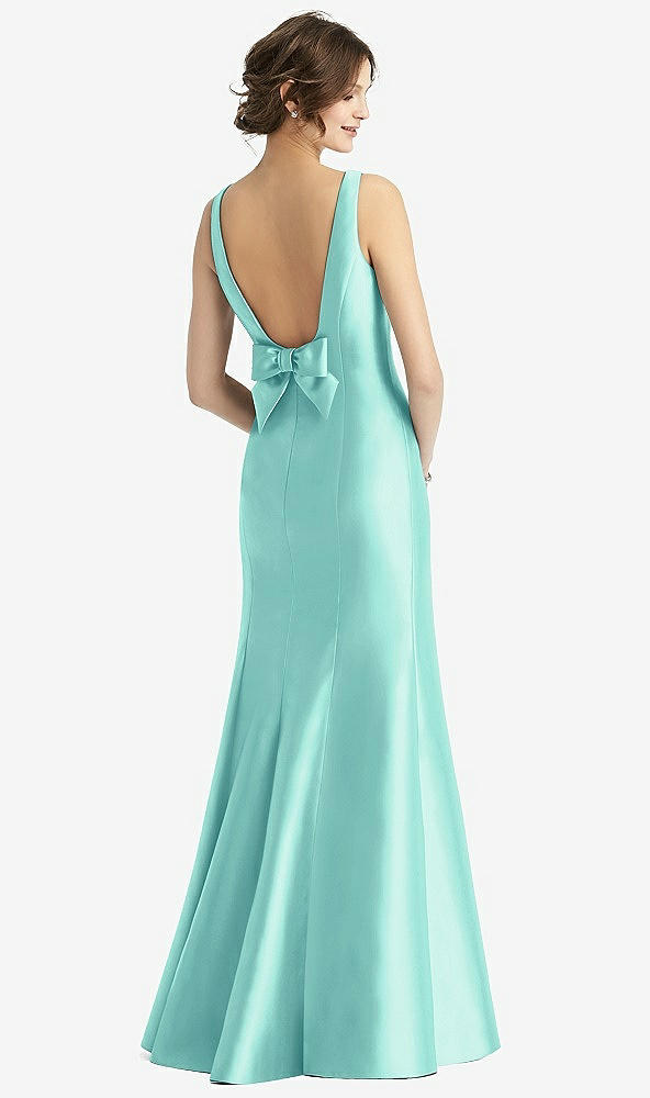 Back View - Coastal Sleeveless Satin Trumpet Gown with Bow at Open-Back