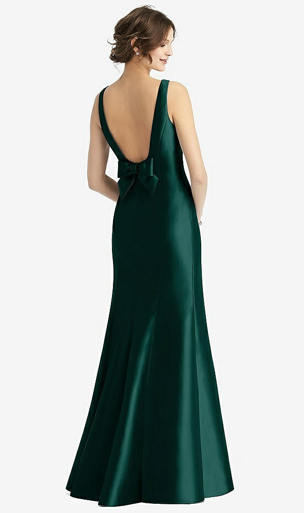 Back View - Evergreen Sleeveless Satin Trumpet Gown with Bow at Open-Back